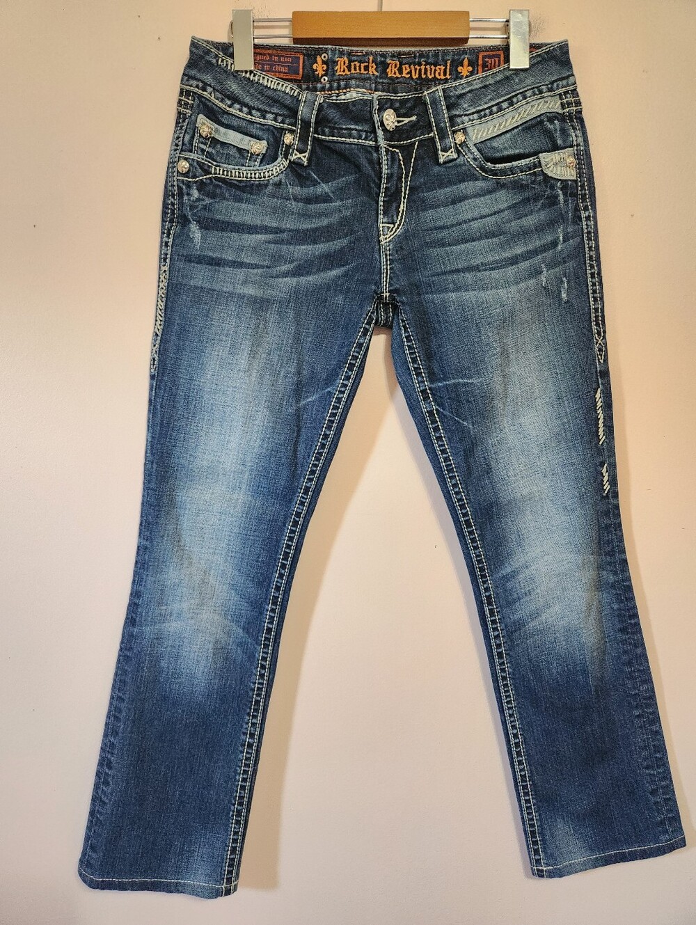 Rock Revival Y2K Alanis Straight Thick Stitch Distressed Denim Jeans Size 30
